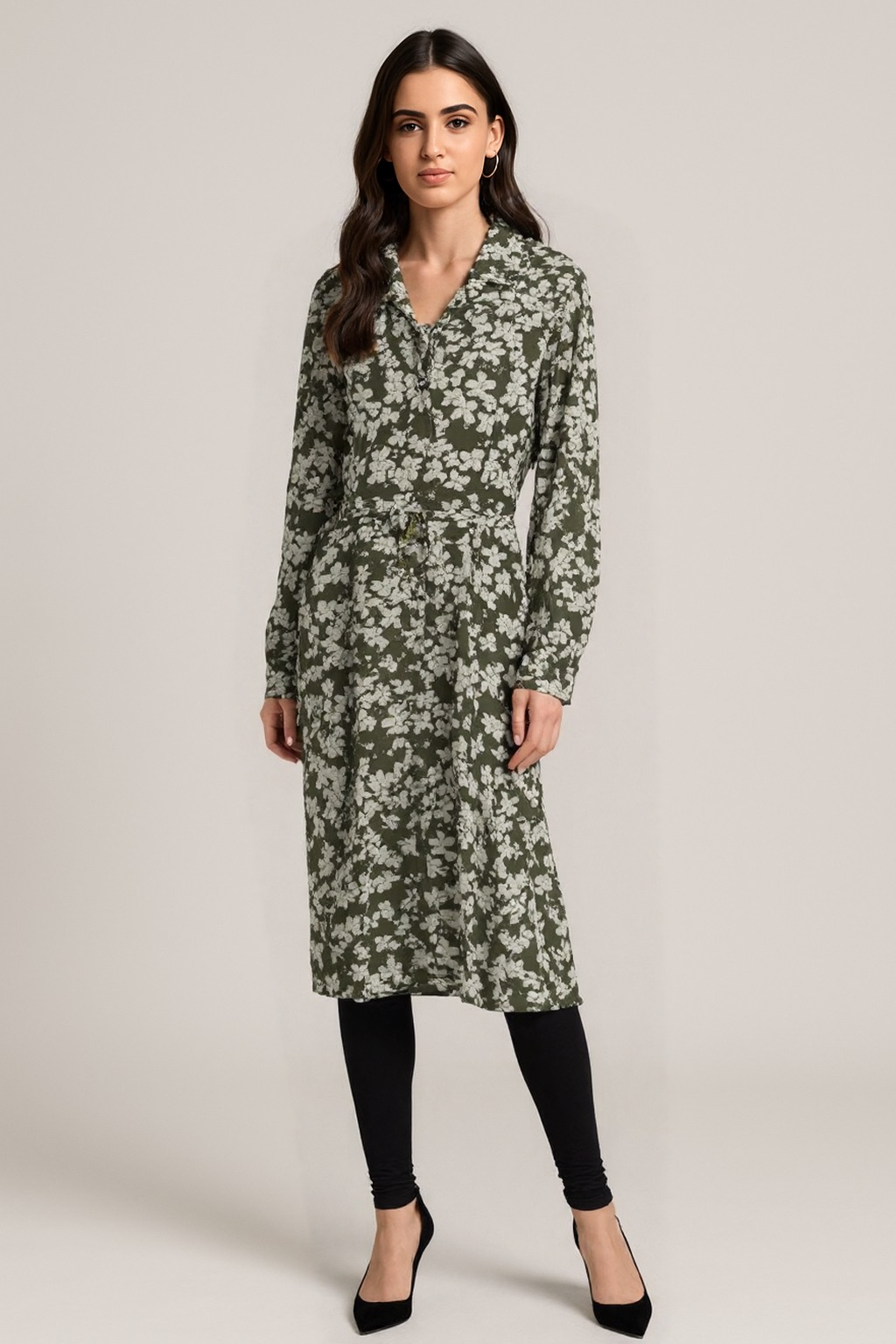 Vintage Printed Midi Dress – Long Sleeve Straight Fit Shirt Dress