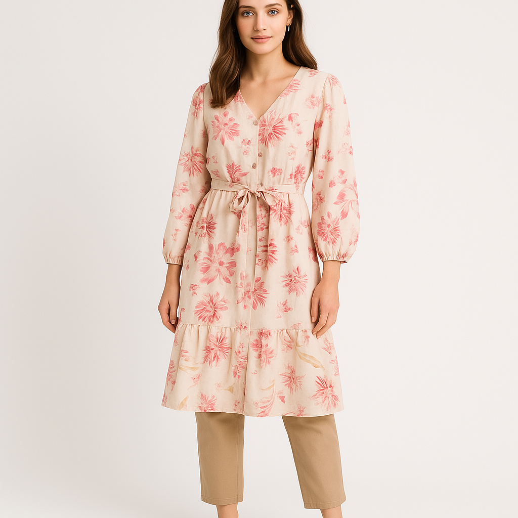 Floral Shirt Dress – Breathable V-Neck Long Sleeve Knee-Length A-Line