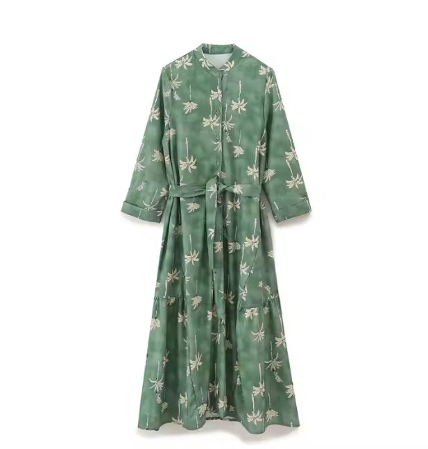 Women’s Green Floral Midi Dress – Vintage Belted Button-Up with Ruffled Hem
