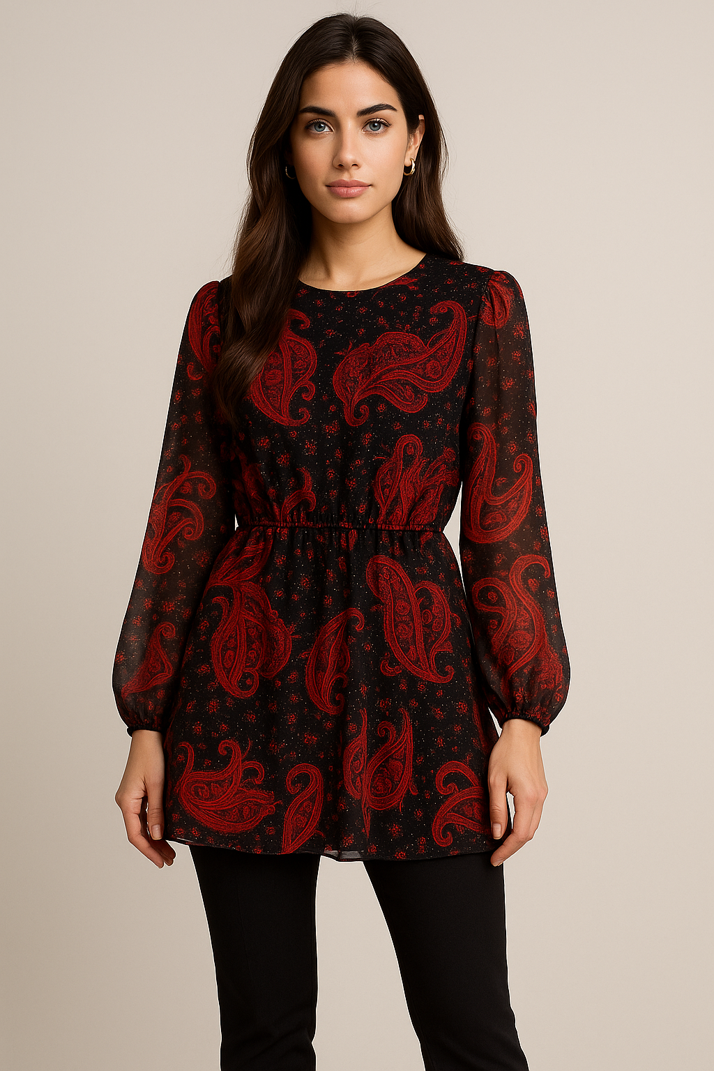 Red and Black Floral Chiffon Shirt
