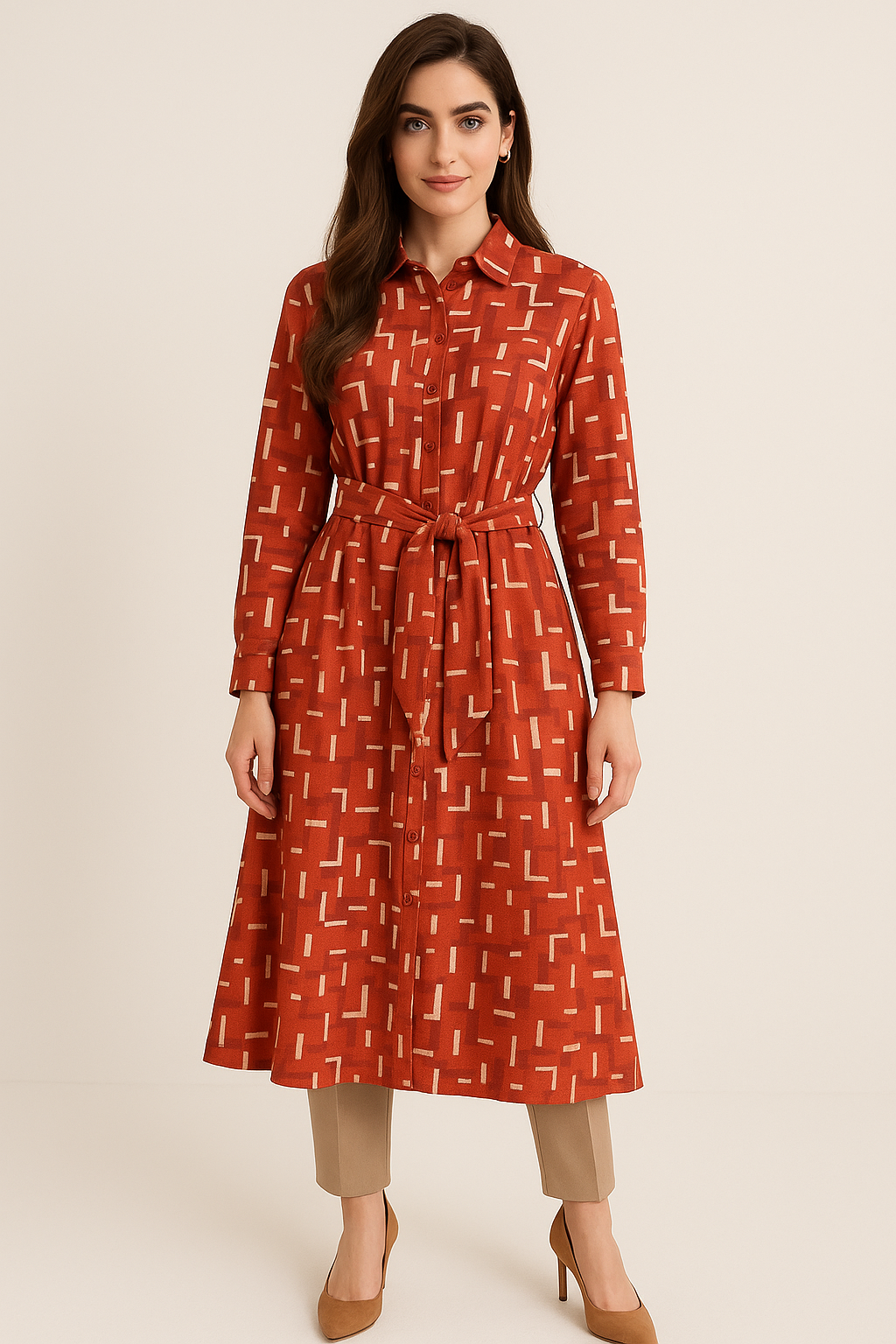 Rusted Printed Midi Shirt Dress – Eco-Friendly Casual Style with Belt & Button Detail