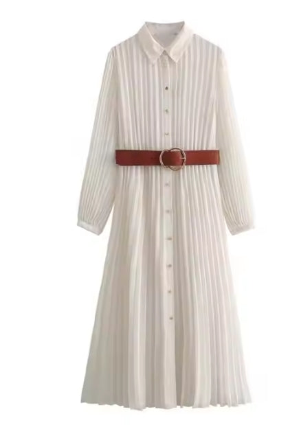 Solid Midi Shirt Dress – Belted A-Line Long Sleeve Casual Style