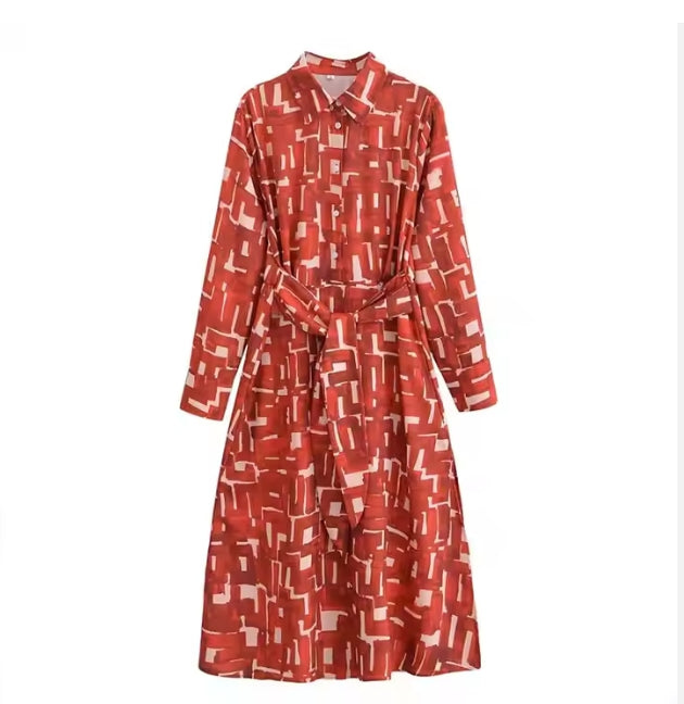 Rusted Printed Midi Shirt Dress – Eco-Friendly Casual Style with Belt & Button Detail