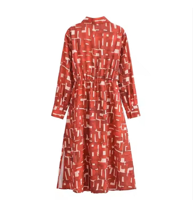 Rusted Printed Midi Shirt Dress – Eco-Friendly Casual Style with Belt & Button Detail