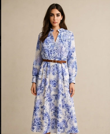 Vintage Blue Floral Midi Dress – V-Neck Long Sleeve with Belt