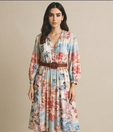 Vintage Floral Satin Maxi Dress – A-Line Long Sleeve with Collar