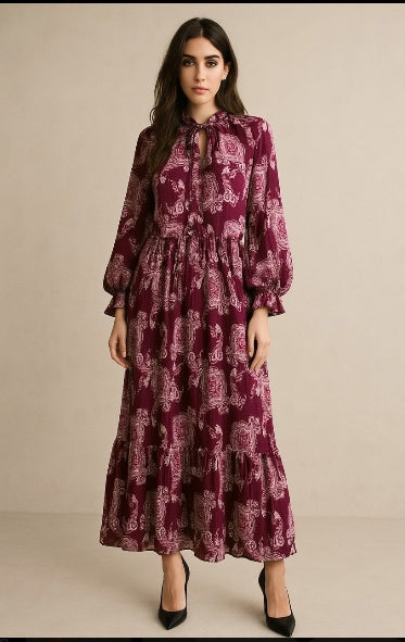 Floral Maxi Dress – Bubble Sleeve Crepe Ruffle Neck Casual Style