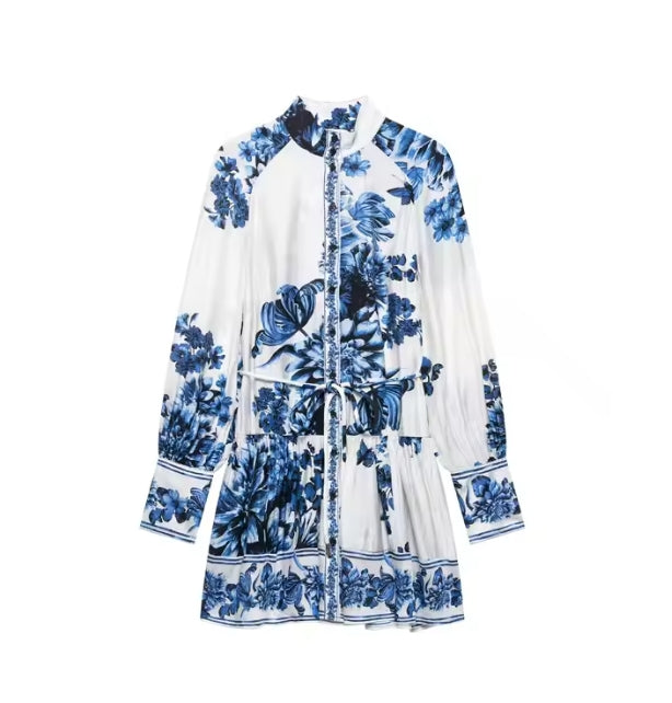 Floral Waist Tie Mini Shirt Dress
