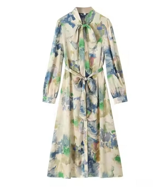 Printed A-Line Midi Dress – Bow Neck & Long Sleeves