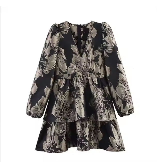 Elegant Retro Jacquard Mini Floral Long Sleeve Dress