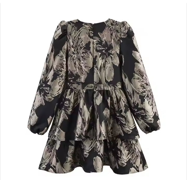 Elegant Retro Jacquard Mini Floral Long Sleeve Dress