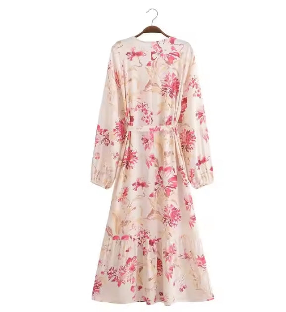 Floral Shirt Dress – Breathable V-Neck Long Sleeve Knee-Length A-Line