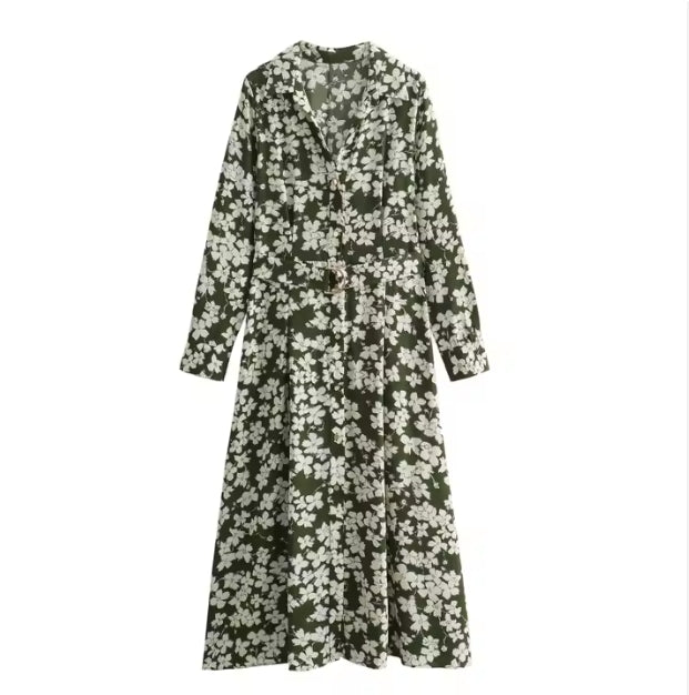 Vintage Printed Midi Dress – Long Sleeve Straight Fit Shirt Dress