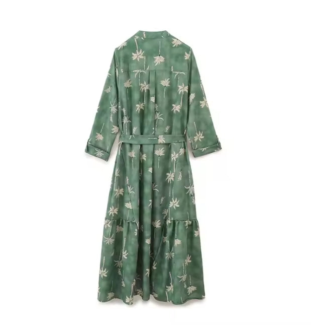 Women’s Green Floral Midi Dress – Vintage Belted Button-Up with Ruffled Hem