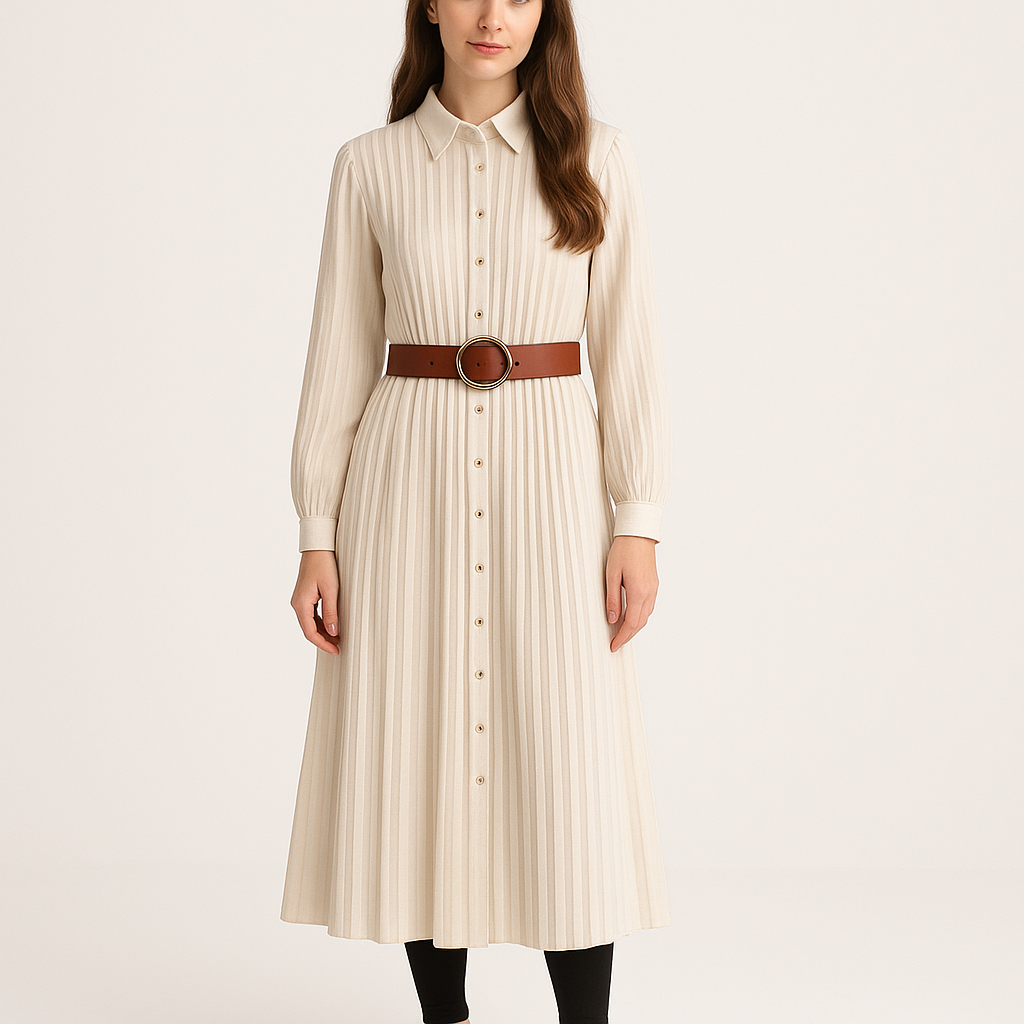 Solid Midi Shirt Dress – Belted A-Line Long Sleeve Casual Style
