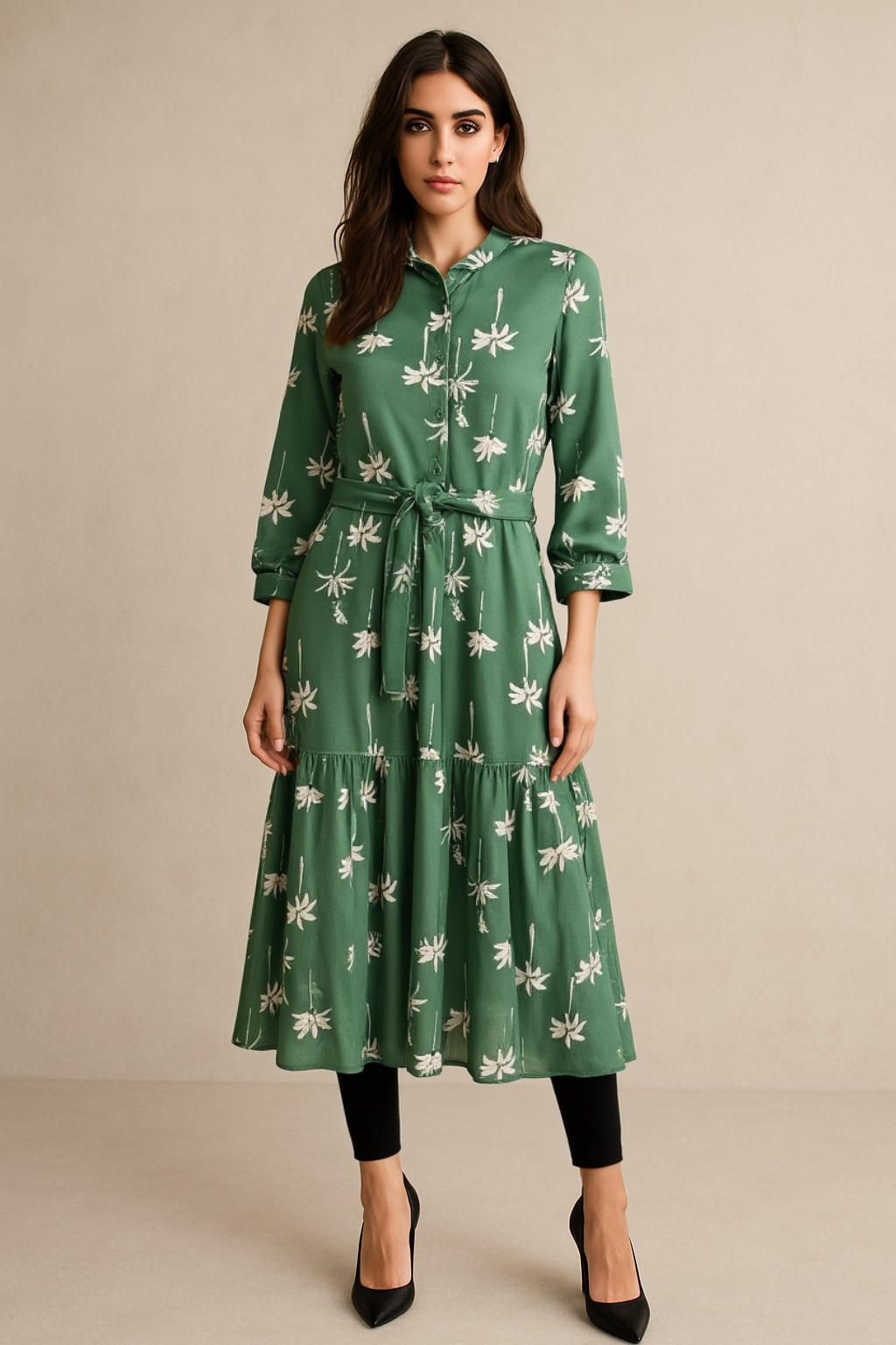 Women’s Green Floral Midi Dress – Vintage Belted Button-Up with Ruffled Hem
