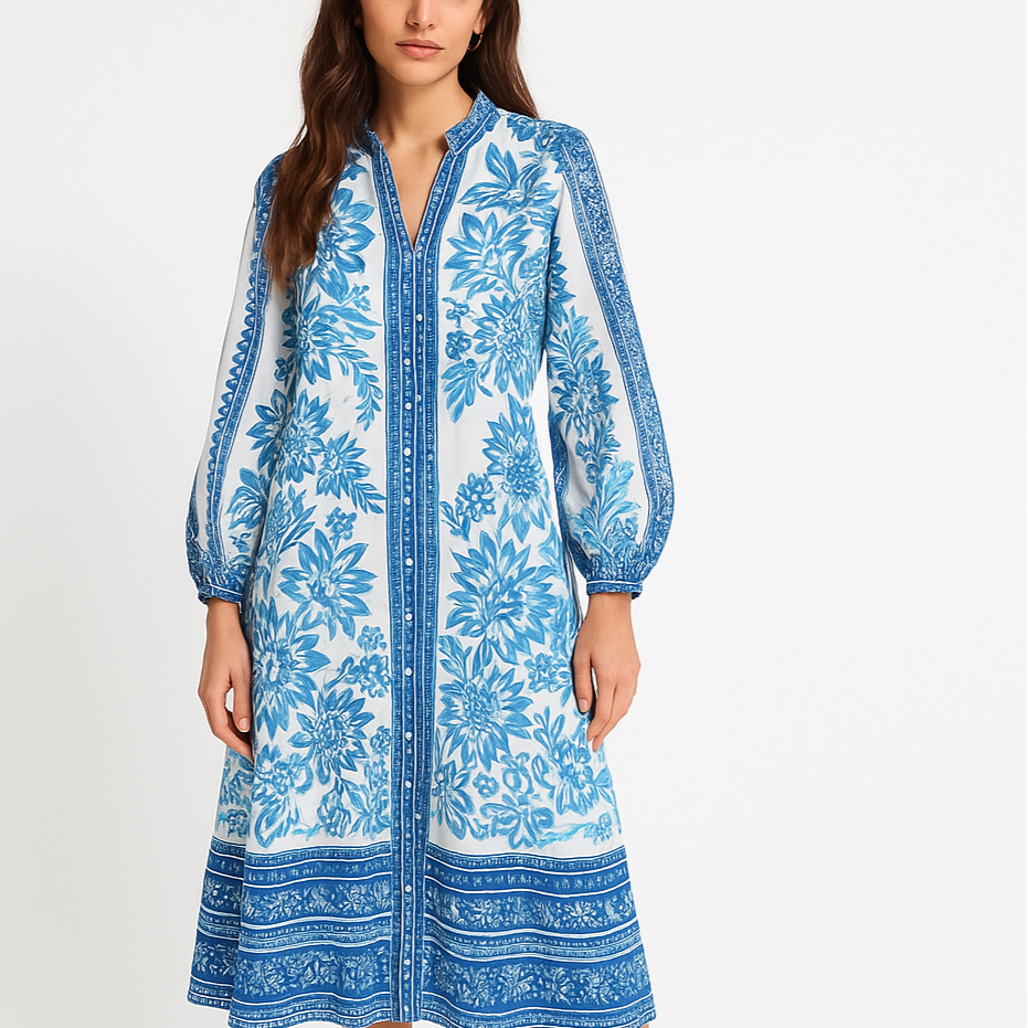 Vintage Floral A-Line Midi Dress – Breathable Long Sleeve Casual Vacation Style