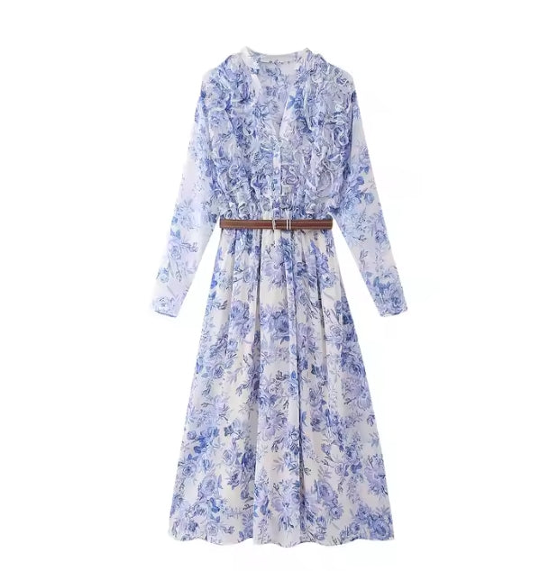 Vintage Blue Floral Midi Dress – V-Neck Long Sleeve with Belt