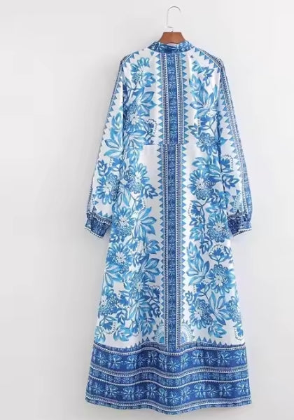 Vintage Floral A-Line Midi Dress – Breathable Long Sleeve Casual Vacation Style