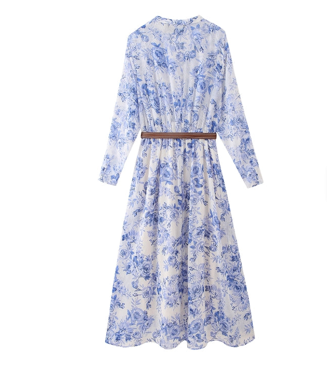 Vintage Blue Floral Midi Dress – V-Neck Long Sleeve with Belt