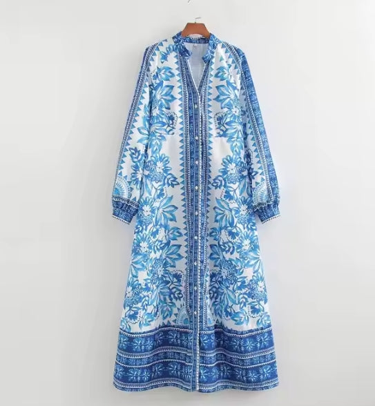 Vintage Floral A-Line Midi Dress – Breathable Long Sleeve Casual Vacation Style