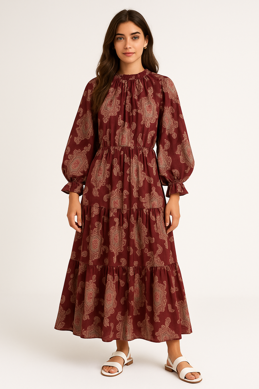 Floral Maxi Dress – Bubble Sleeve Crepe Ruffle Neck Casual Style