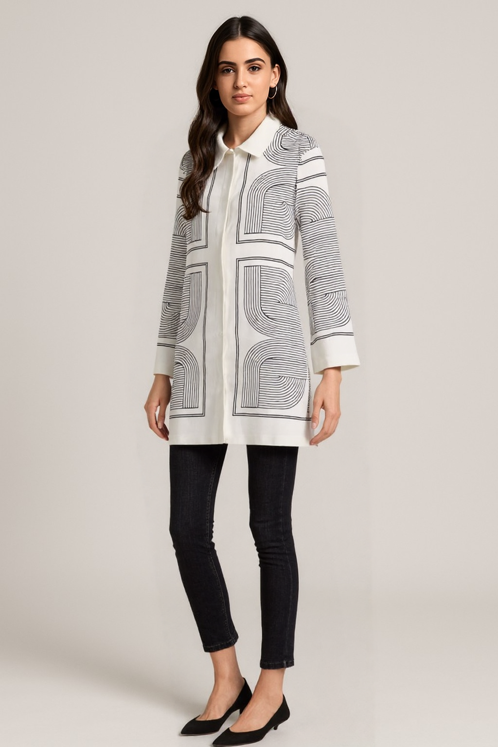 Striped Mini Shirt Dress – Casual Long Sleeve Woven Dress with Turn-Down Collar