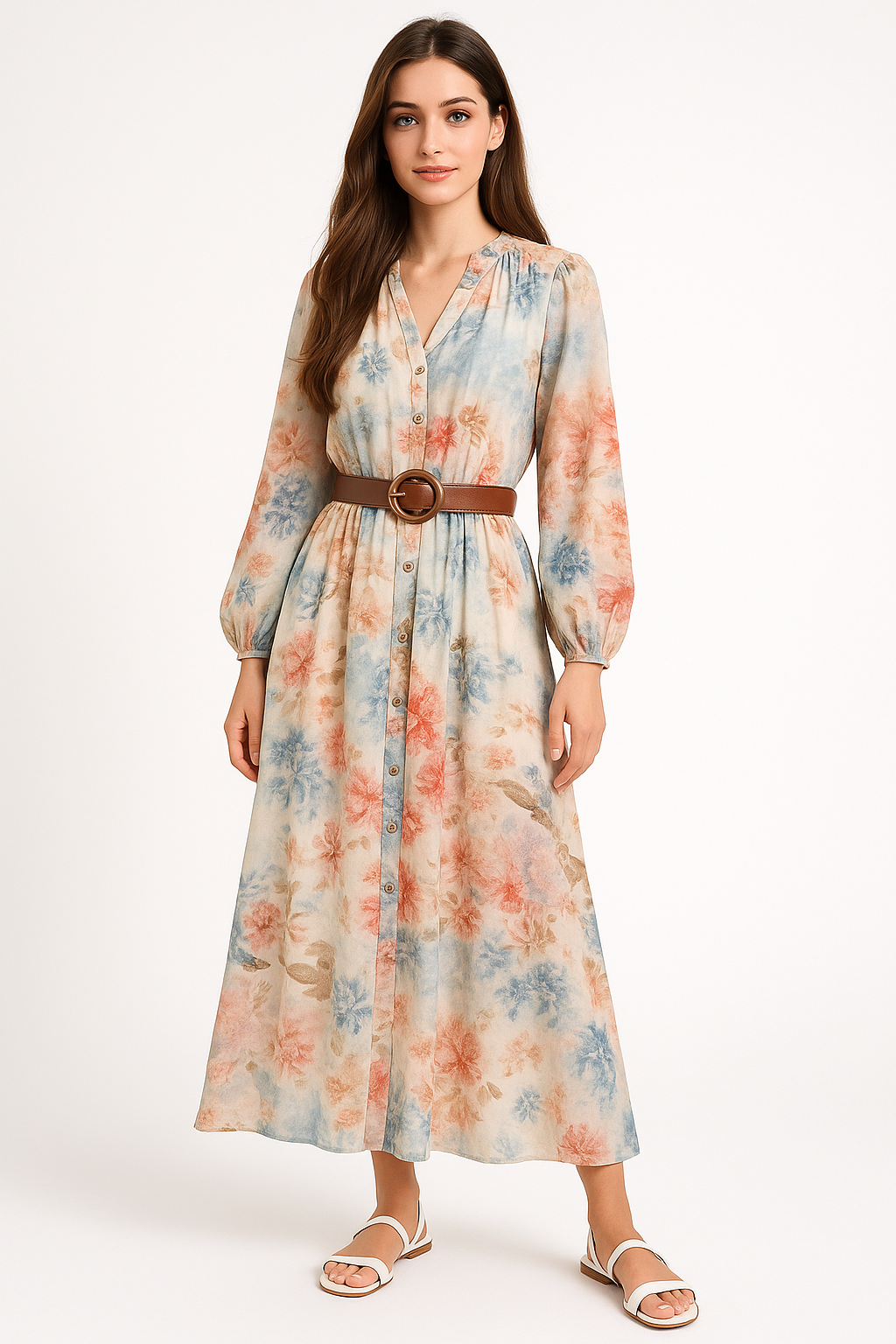Vintage Floral Satin Maxi Dress – A-Line Long Sleeve with Collar