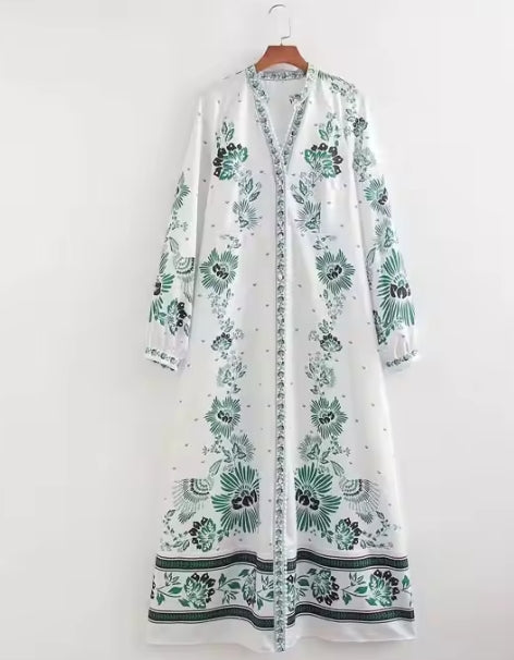 Vintage Floral A-Line Midi Dress – Breathable Long Sleeve Casual Vacation Style