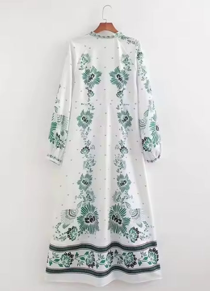 Vintage Floral A-Line Midi Dress – Breathable Long Sleeve Casual Vacation Style