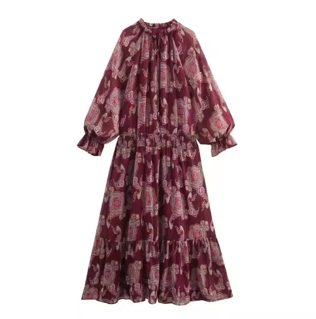 Floral Maxi Dress – Bubble Sleeve Crepe Ruffle Neck Casual Style