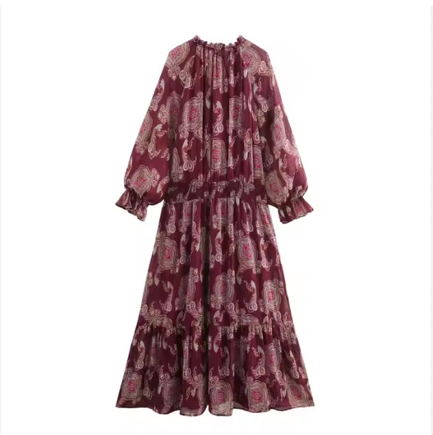 Floral Maxi Dress – Bubble Sleeve Crepe Ruffle Neck Casual Style