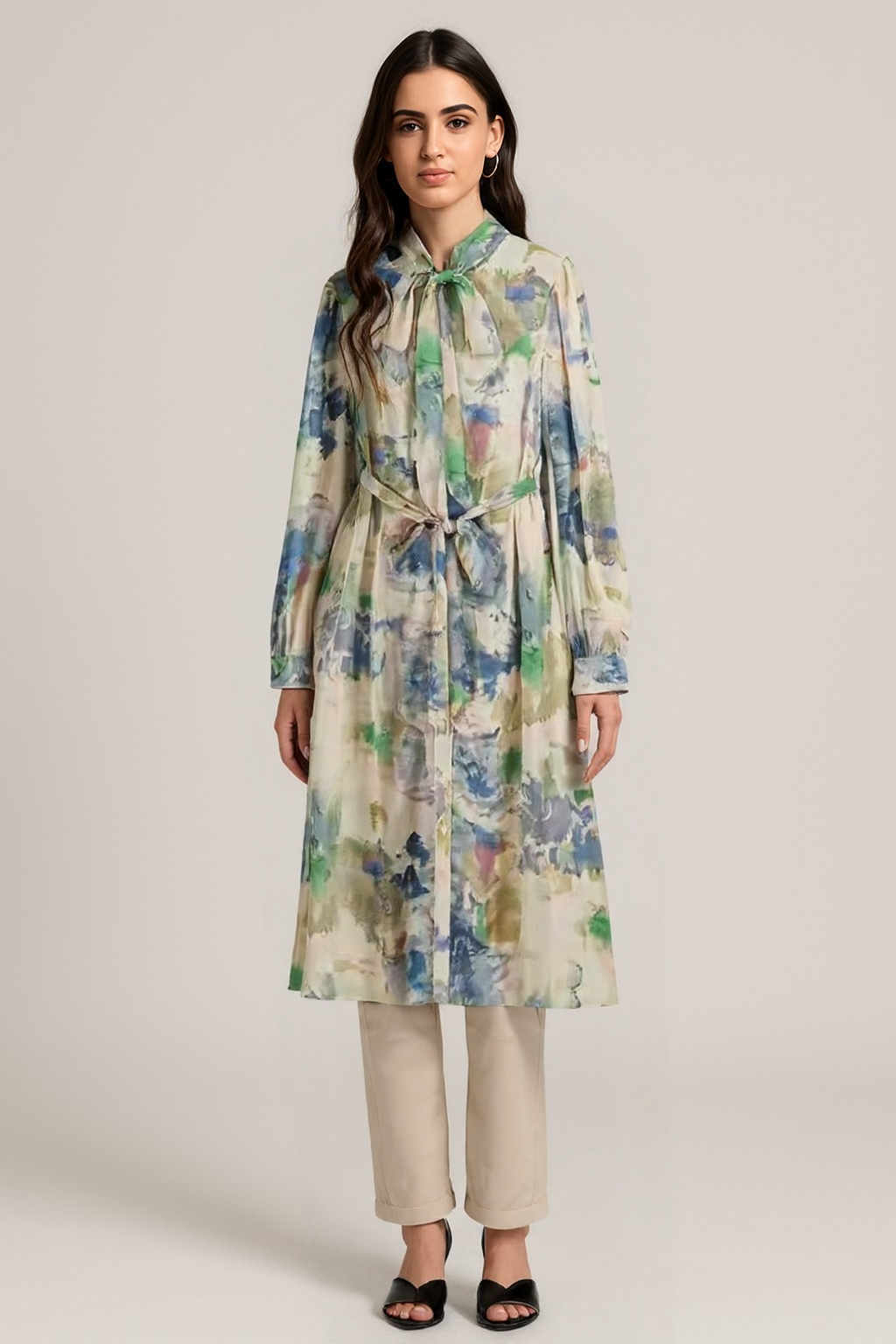 Printed A-Line Midi Dress – Bow Neck & Long Sleeves