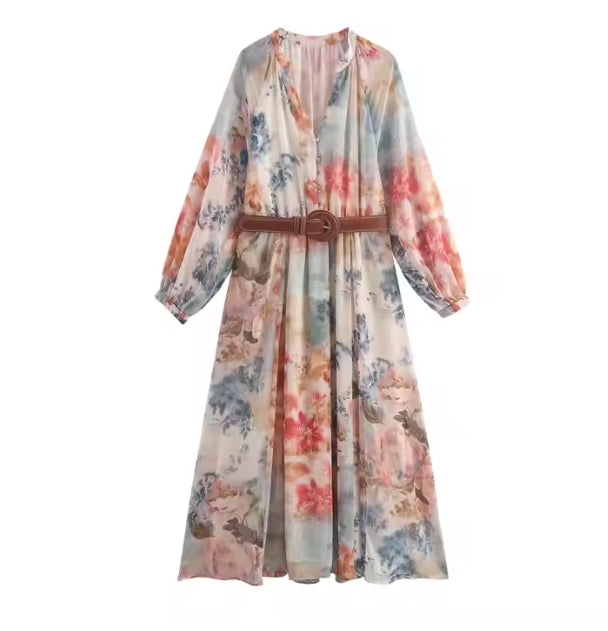 Vintage Floral Satin Maxi Dress – A-Line Long Sleeve with Collar