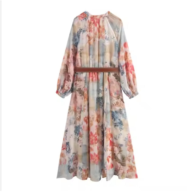 Vintage Floral Satin Maxi Dress – A-Line Long Sleeve with Collar