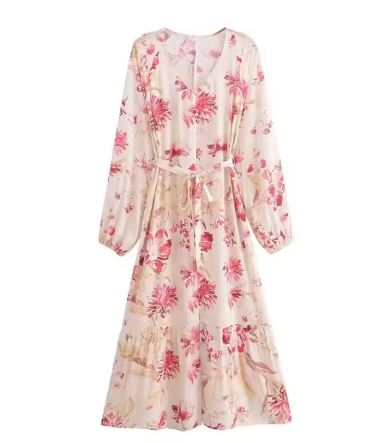 Floral Shirt Dress – Breathable V-Neck Long Sleeve Knee-Length A-Line
