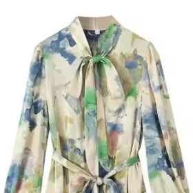 Printed A-Line Midi Dress – Bow Neck & Long Sleeves