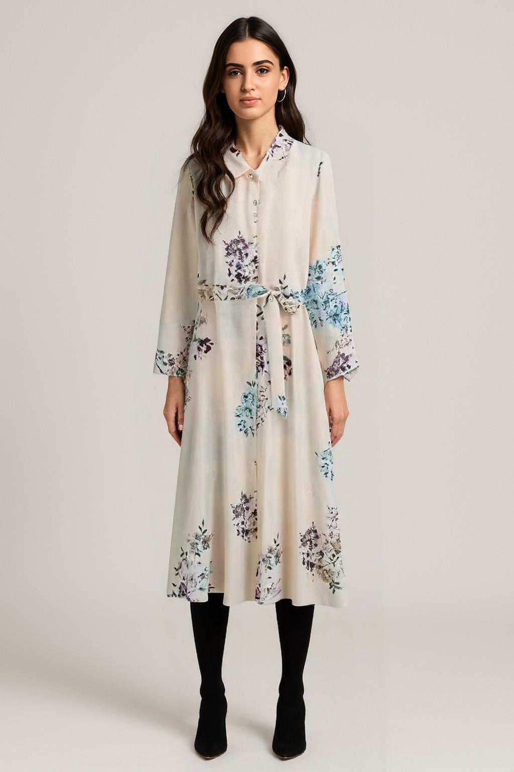Floral A-Line Midi Dress – Ruffle Detail & Long Sleeves